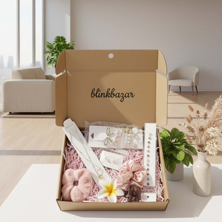 Open cardboard box from blinkbazar containing jewelry and decorative items on a white surface.